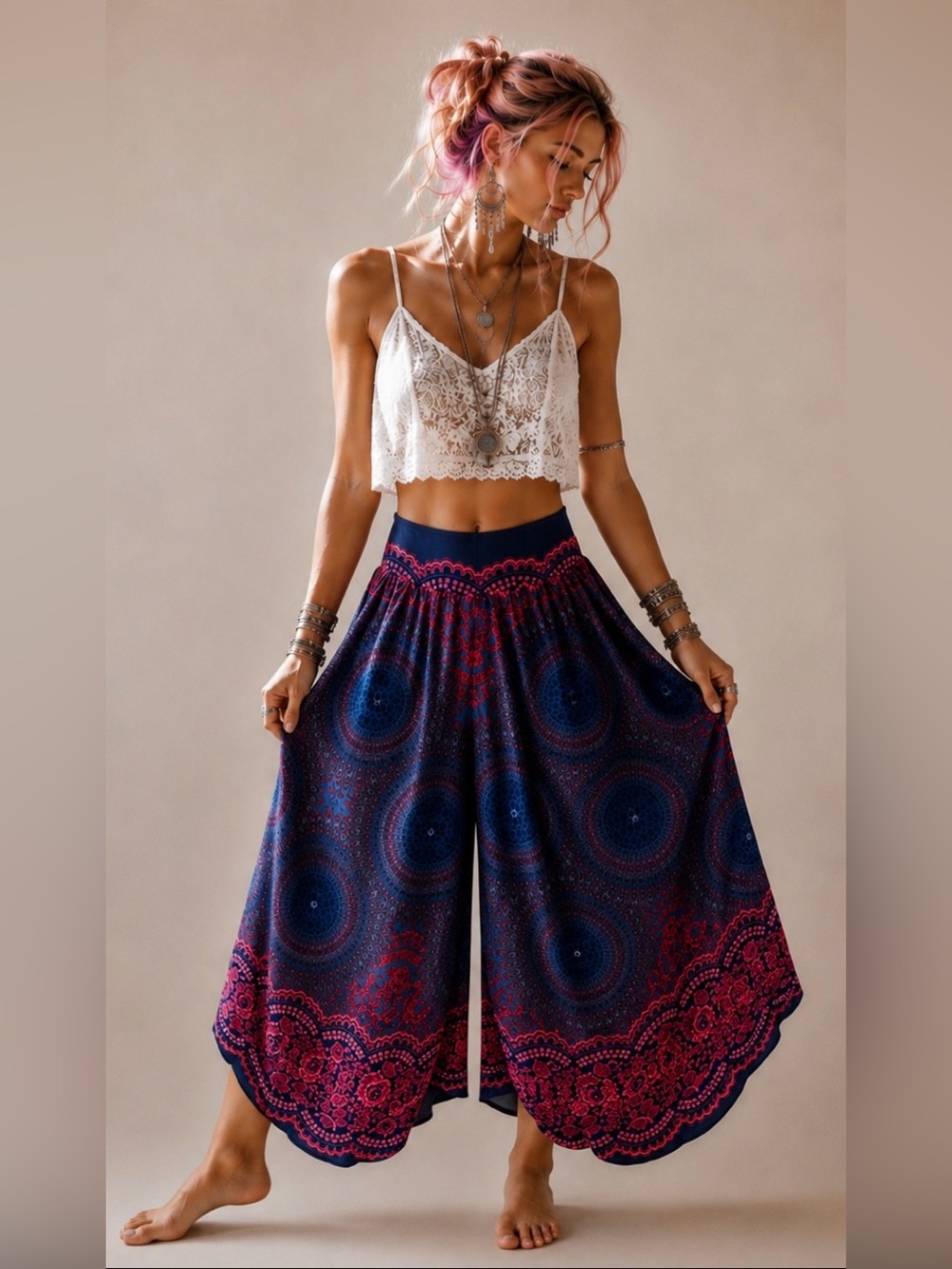 Boho Wide-Leg Navy & Magenta Floral Printed Flowy Palazzo Pants in Rayon